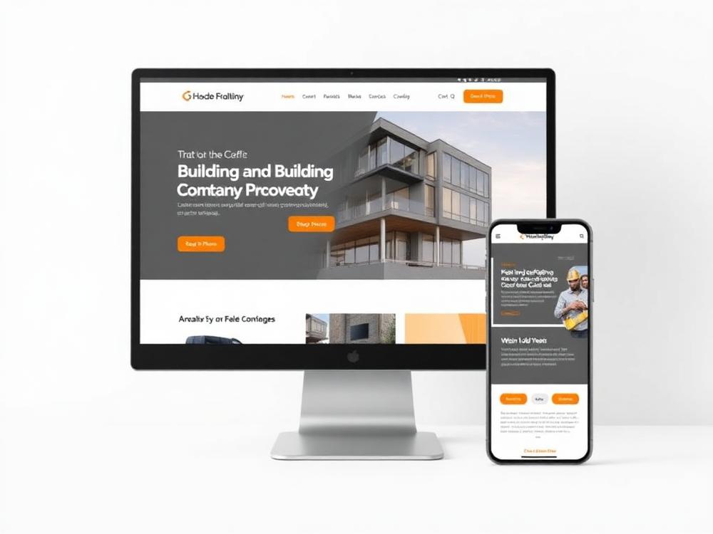 Example concept of a building and renovation website shown on a desktop monitor and mobile phone
