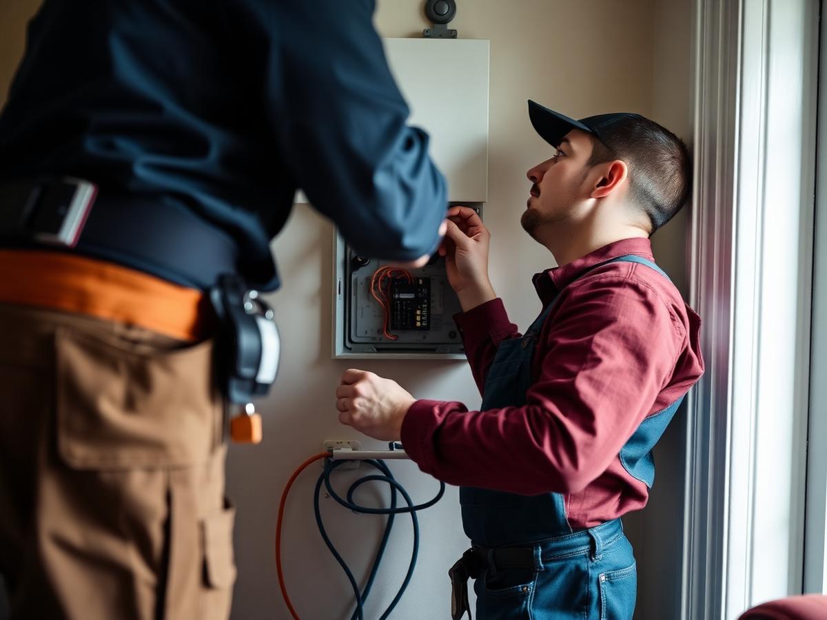UK tradespeople working on a boiler and electrical connections inside a home
